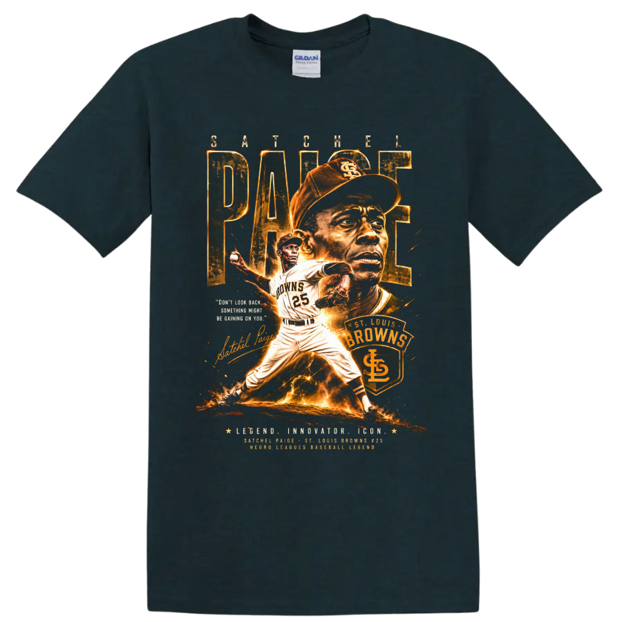 Satchel Paige St. Louis Browns pitcher portrait and action vintage baseball graphic on a Midnight (Green) T Shirt