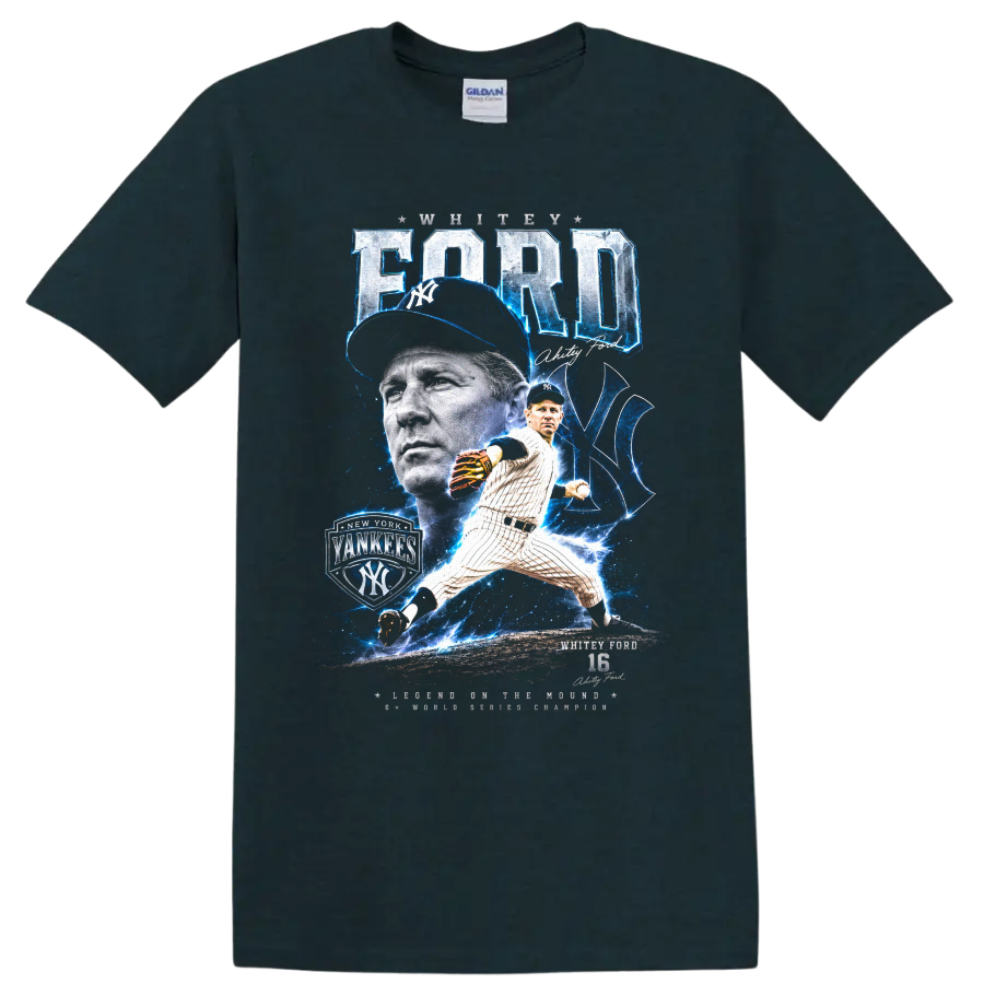 Whitey Ford New York Yankees pitcher portrait and action graphic with number 16 on a Midnight (Green) T Shirt