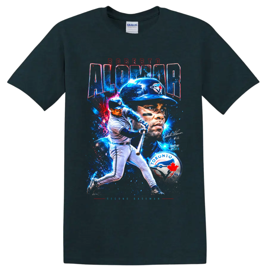Roberto Alomar Toronto Blue Jays batting and portrait collage with Hall of Fame text on a Midnight (Green) T Shirt