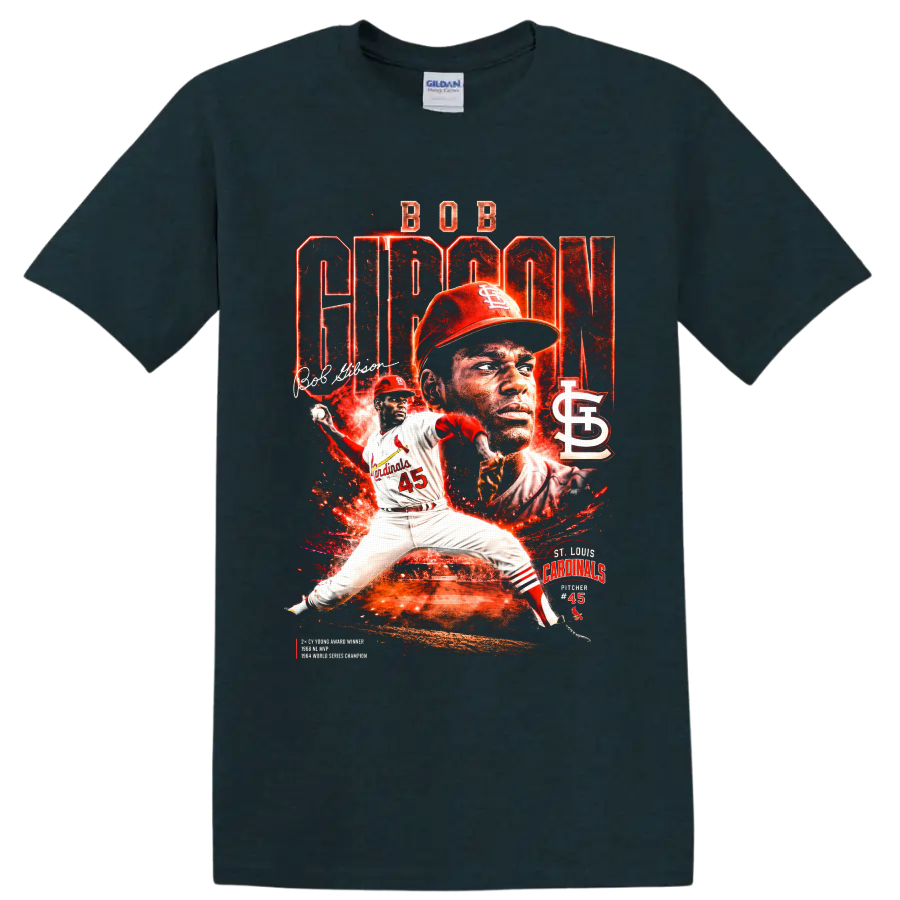 Bob Gibson Cardinals pitcher 45 in fiery distressed baseball collage with STL logo on a Midnight (Green) T Shirt