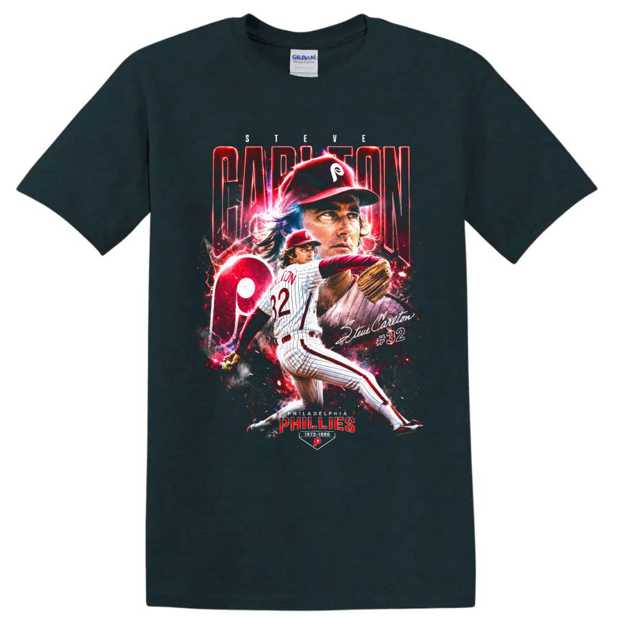 Steve Carlton #32 Philadelphia Phillies pitcher in dramatic red vintage poster art on a Midnight (Green) T Shirt