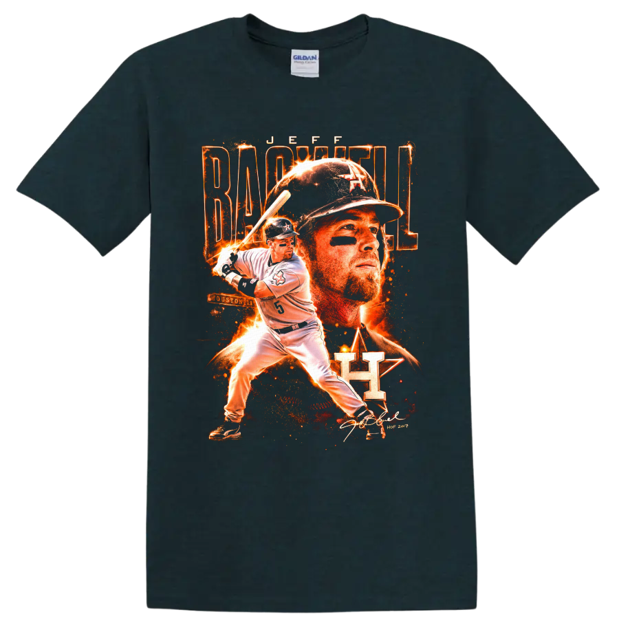 Jeff Bagwell Houston baseball portrait and batting action in fiery vintage poster style on a Midnight (Green) T Shirt