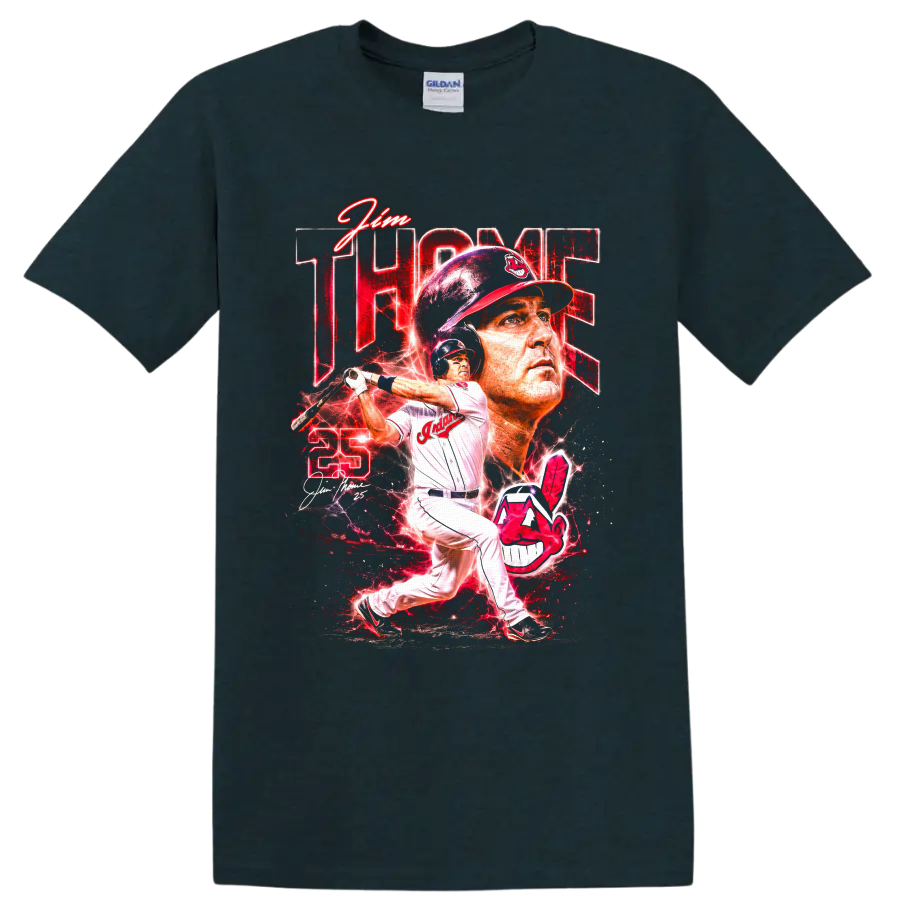 Jim Thome Cleveland Indians batting portrait with number 25 and red lightning graphic on a Midnight (Green) T Shirt