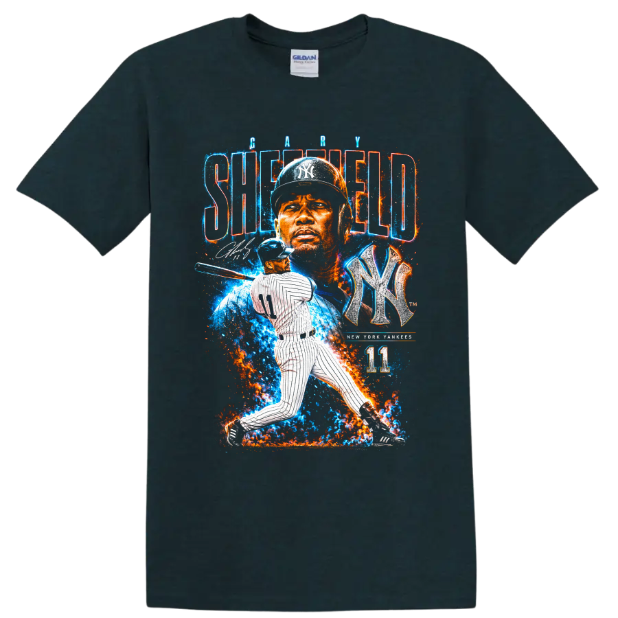 Gary Sheffield Yankees portrait and batting graphic with NY emblem and number 11 on a Midnight (Green) T Shirt