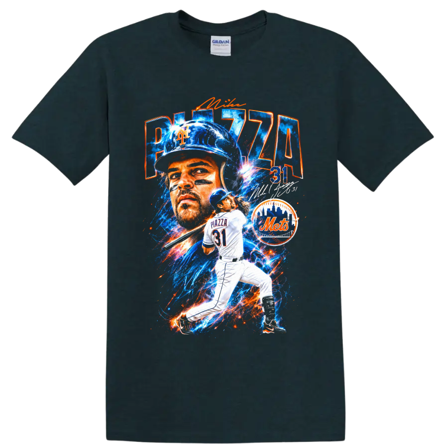 Mike Piazza New York Mets catcher No. 31 in electric blue-and-orange baseball collage on a Midnight (Green) T Shirt