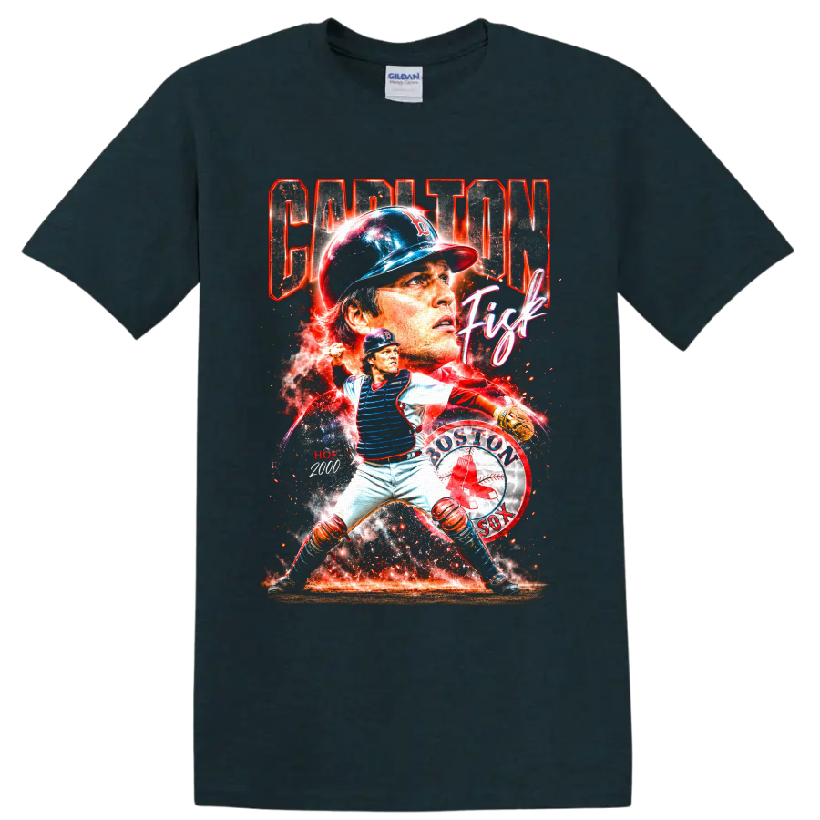 Carlton Fisk Boston Red Sox catcher collage with Captain Fisk and HOF 2000 text on a Midnight (Green) T Shirt