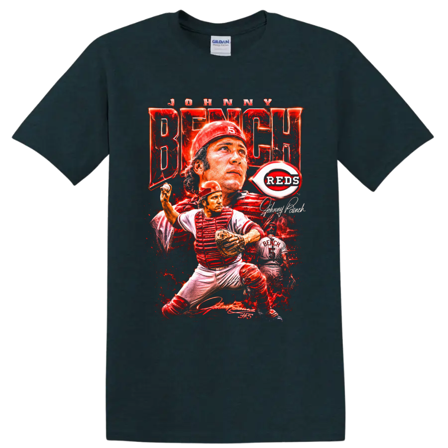 Johnny Bench Cincinnati Reds catcher collage with No. 5 and distressed red poster art on a Midnight (Green) T Shirt