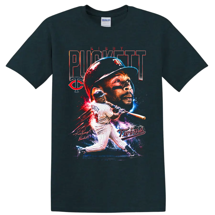 Kirby Puckett Minnesota Twins portrait and batting graphic with number 34 and TC emblem on a Midnight (Green) T Shirt