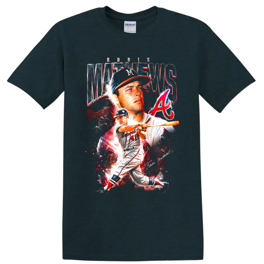 Eddie Mathews Milwaukee Braves portrait and batting action baseball collage on a Midnight (Green) T Shirt