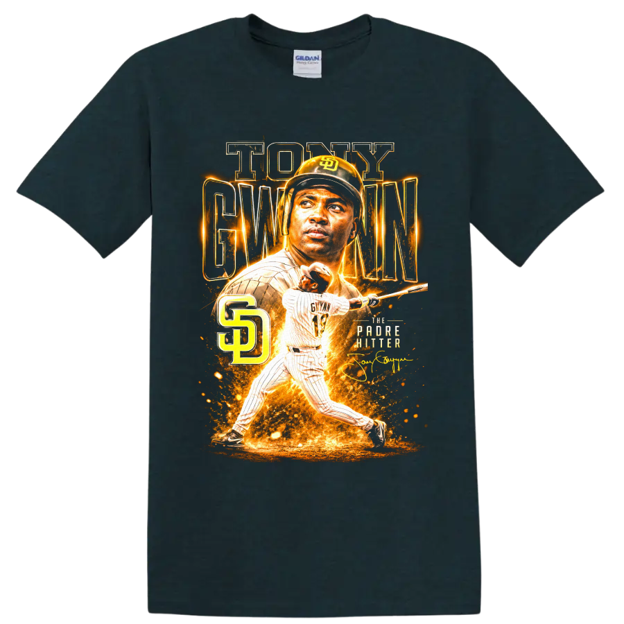 Tony Gwynn Padres batting portrait graphic with SD monogram and The Padre Hitter text on a Midnight (Green) T Shirt
