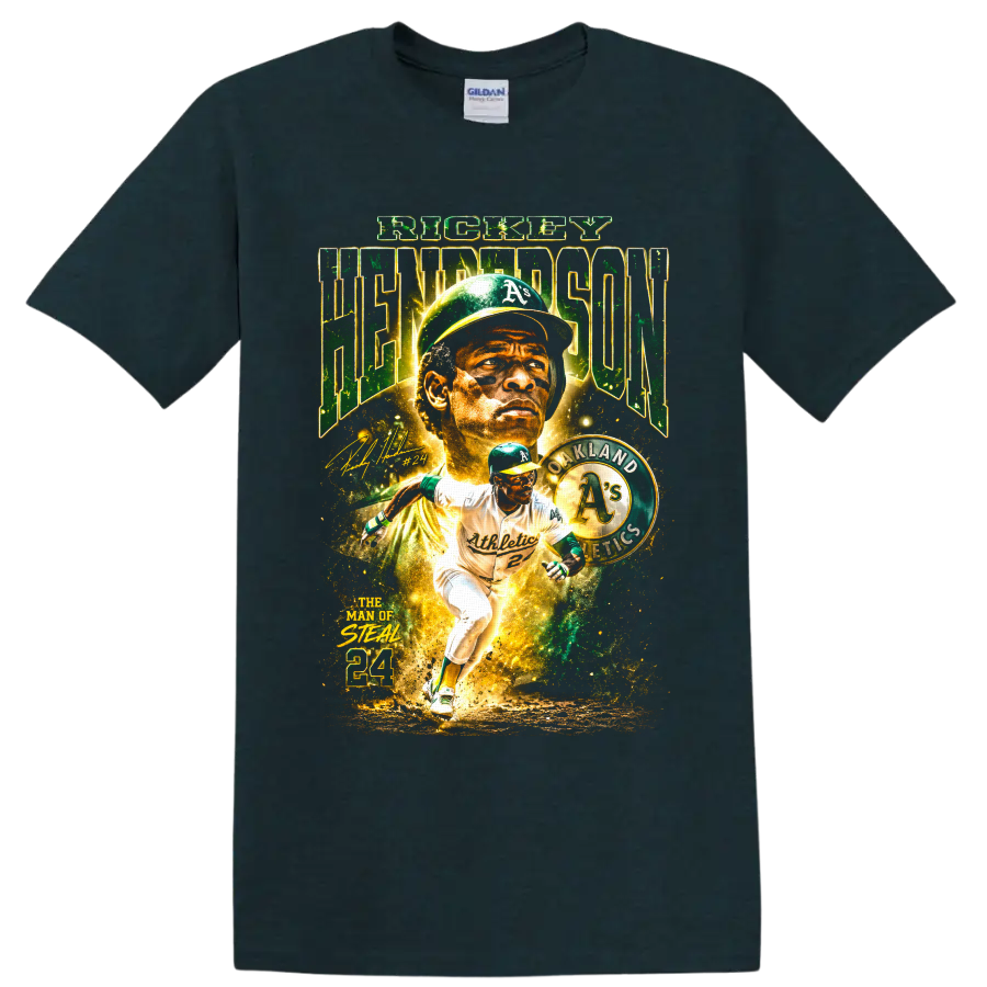 Rickey Henderson Oakland Athletics collage with Man of Steal and 24 text on a Midnight (Green) T Shirt