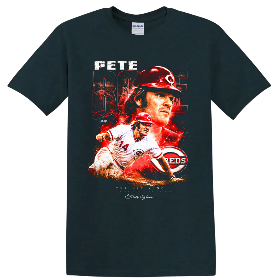 Pete Rose Cincinnati Reds Hit King distressed baseball collage with number 14 action art on a Midnight (Green) T Shirt