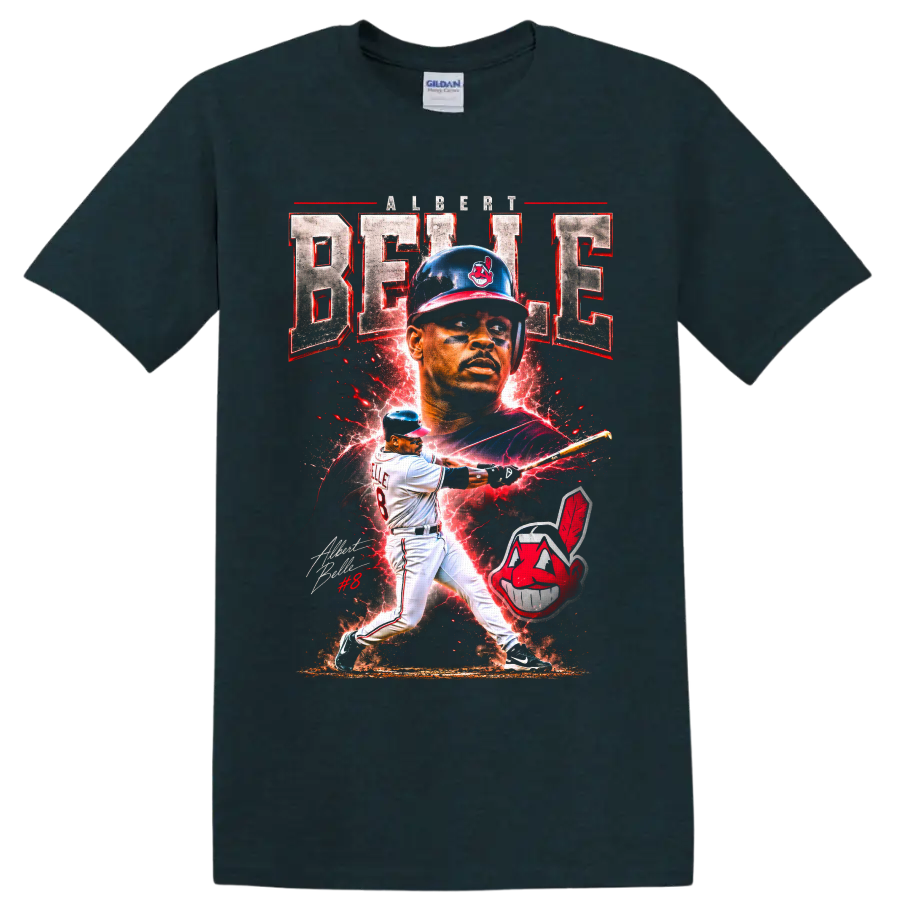Albert Belle Cleveland Indians baseball poster collage with batting action and lightning on a Midnight (Green) T Shirt