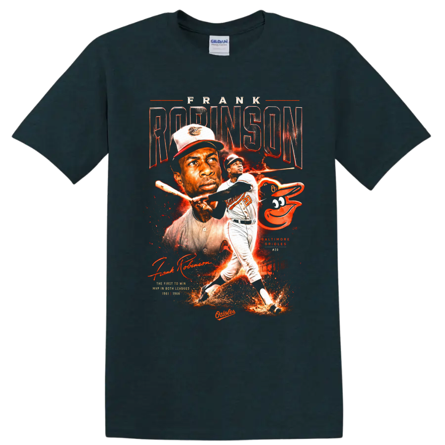 Frank Robinson Baltimore Orioles vintage baseball portrait and batting graphic on a Midnight (Green) T Shirt