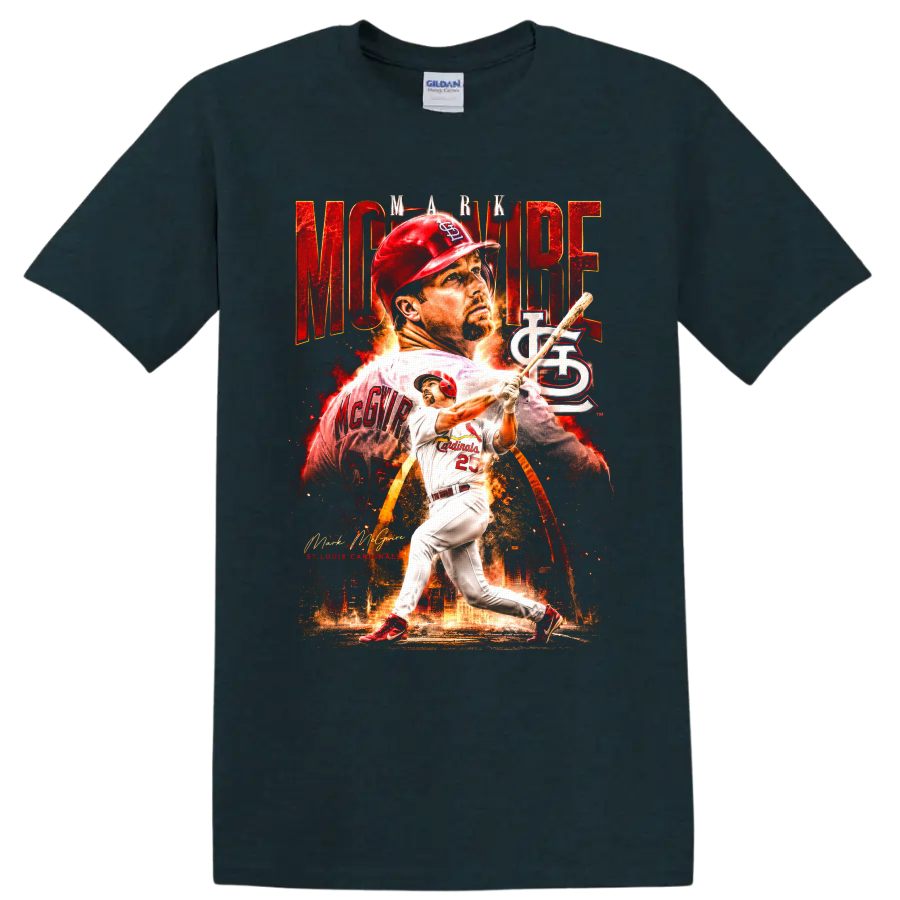 Mark McGwire St. Louis Cardinals batting collage with MCGWIRE text on a Midnight (Green) T Shirt