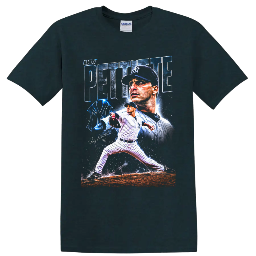 Andy Pettitte Yankees pitcher portrait and pitching action graphic with number 46 on a Midnight (Green) T Shirt