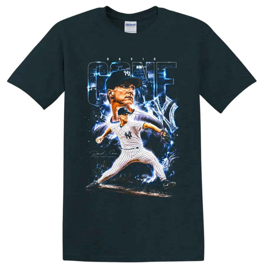 David Cone New York Yankees pitcher with electric blue CONE graphic and pitching pose on a Midnight (Green) T Shirt
