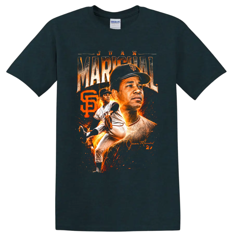 Juan Marichal Giants pitcher portrait and action graphic with fiery number 27 on a Midnight (Green) T Shirt