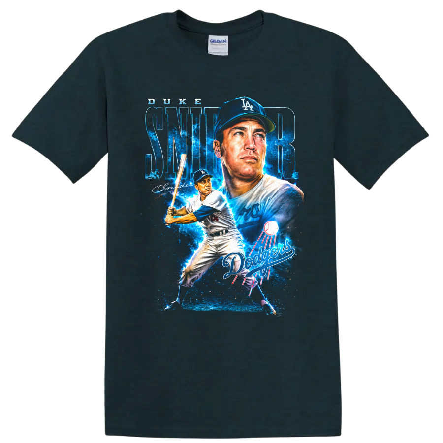 Duke Snider Los Angeles Dodgers portrait and batting collage with SNIDER lettering on a Midnight (Green) T Shirt