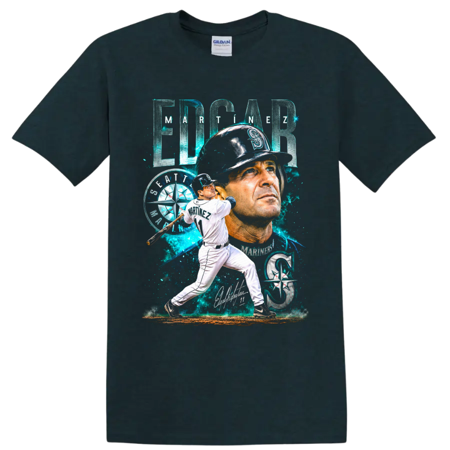 Edgar Martínez Seattle Mariners portrait and batting graphic with number 11 on a Midnight (Green) T Shirt
