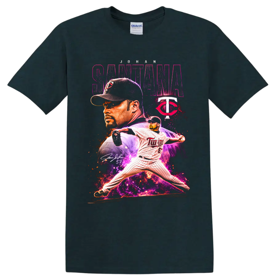 Johan Santana Minnesota Twins pitcher portrait and action graphic with number 57 on a Midnight (Green) T Shirt