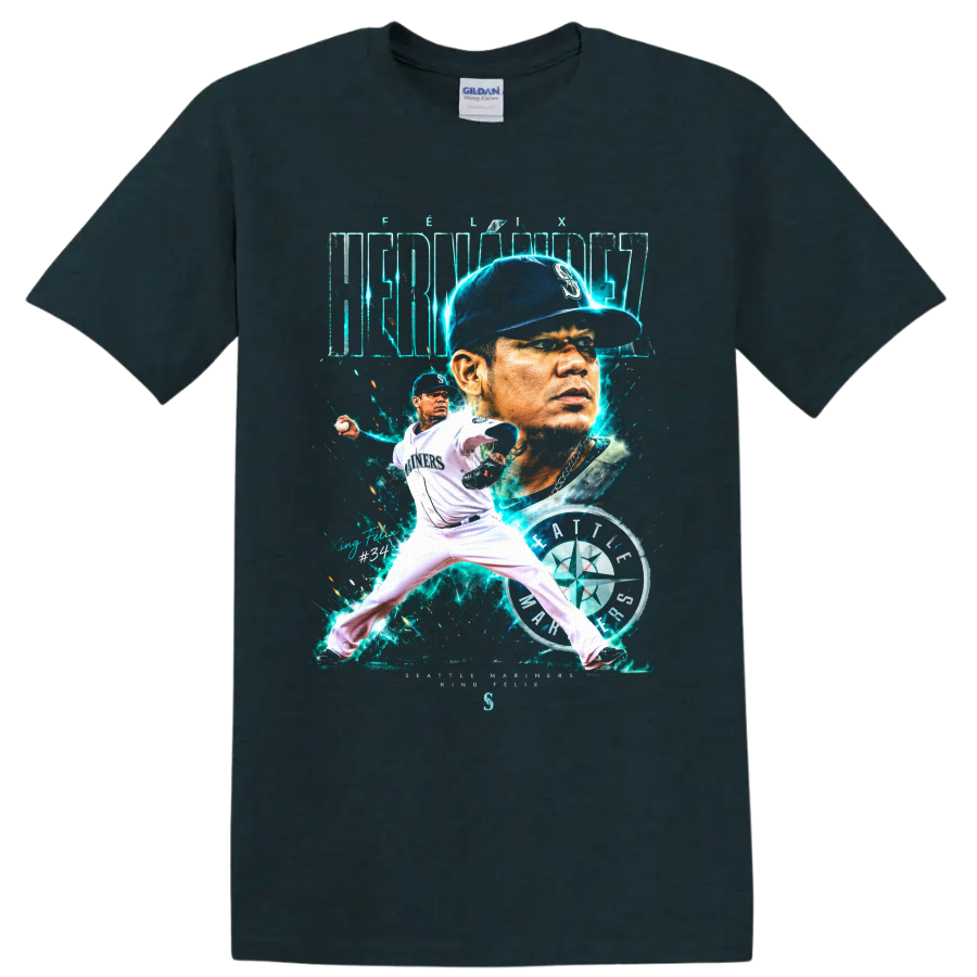 Félix Hernández Seattle Mariners portrait and pitching graphic with King Félix No. 34 on a Midnight (Green) T Shirt
