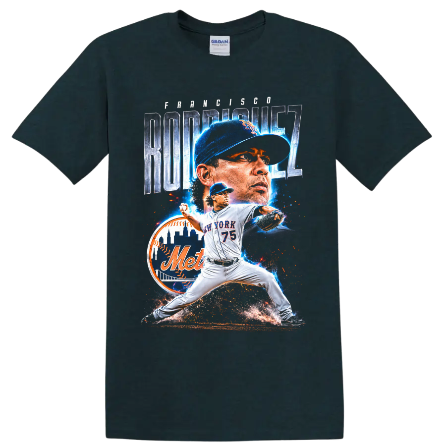 Francisco Rodríguez Mets pitcher action graphic with number 75 and New York skyline on a Midnight (Green) T Shirt
