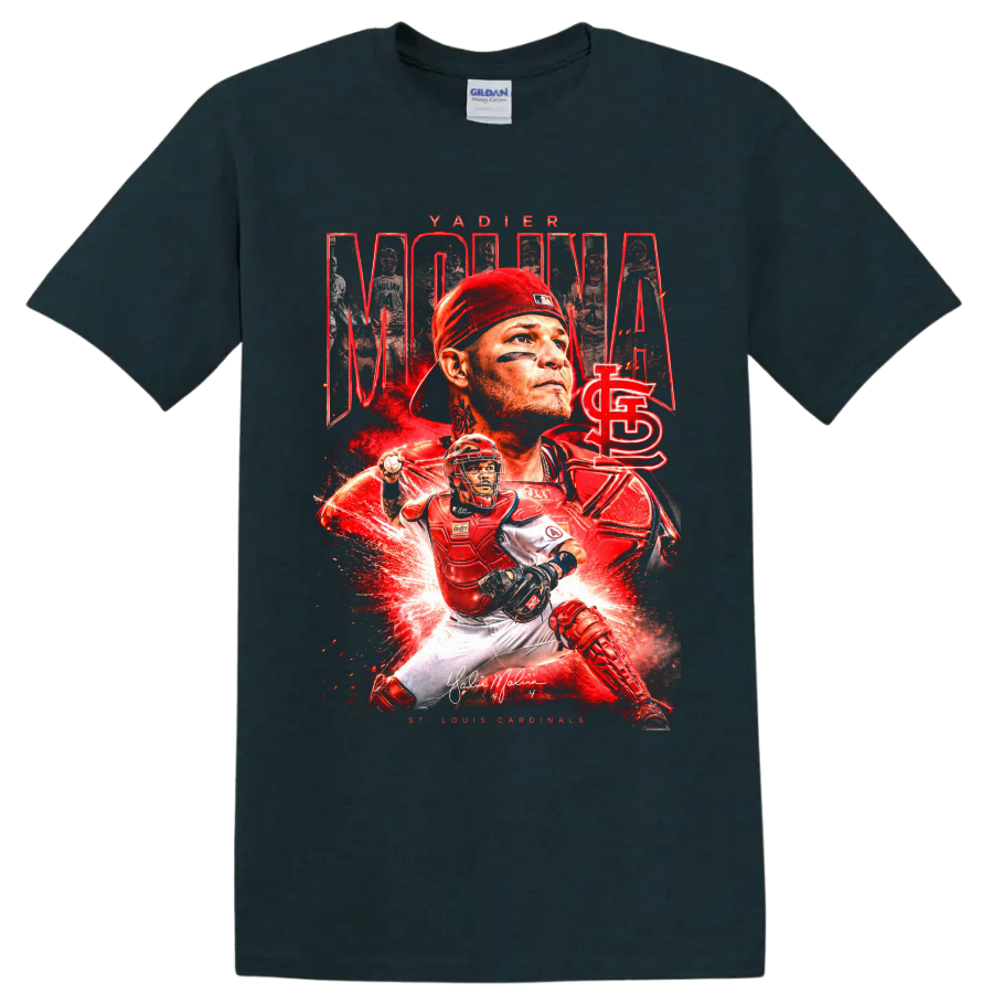 Yadier Molina St. Louis Cardinals catcher collage with red energy effects on a Midnight (Green) T Shirt