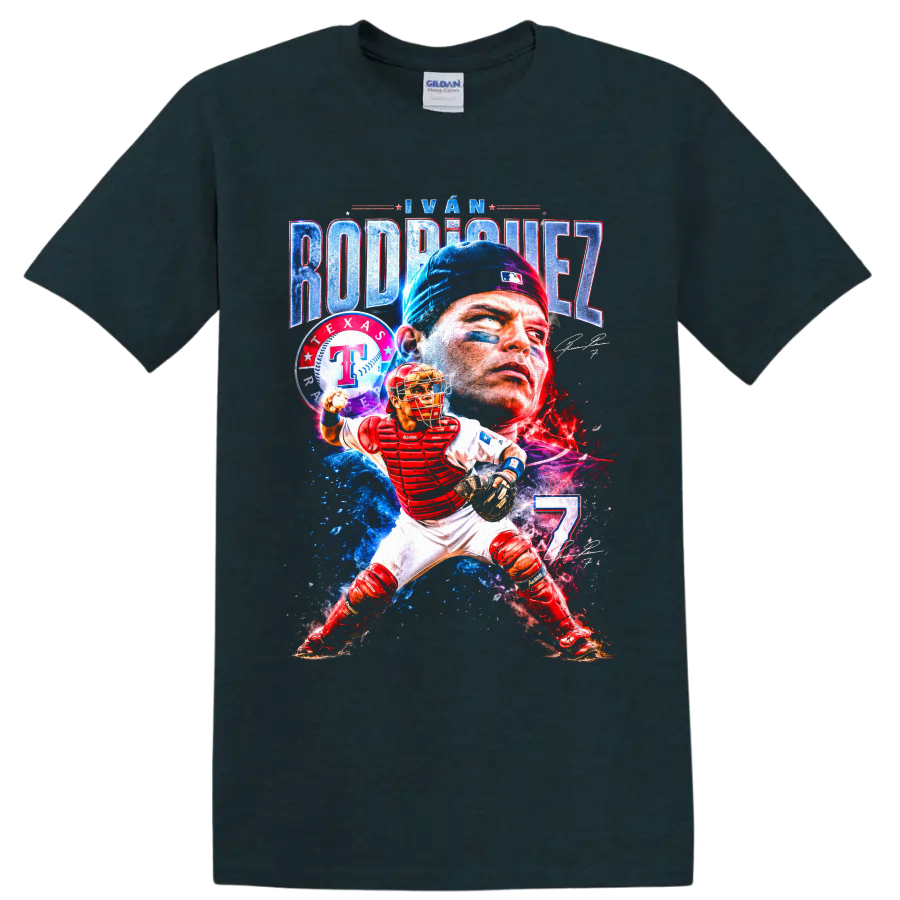 Iván Rodríguez Texas Rangers catcher portrait and action graphic with number 7 on a Midnight (Green) T Shirt