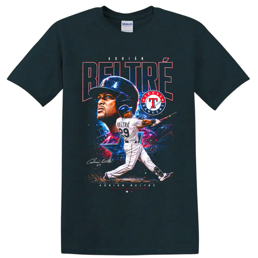 Adrián Beltré Texas Rangers batting collage with number 29 and distressed team graphics on a Midnight (Green) T Shirt