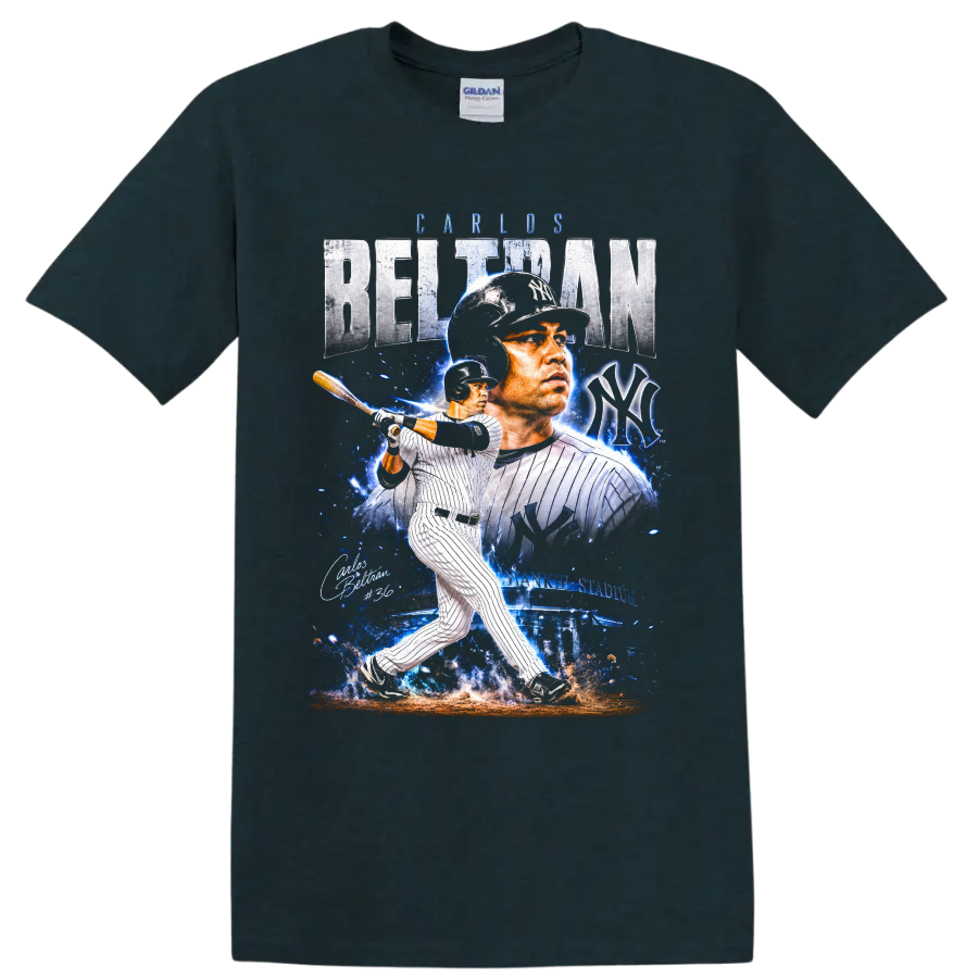 Carlos Beltrán Yankees pinstripe batting collage with BELTRAN text, NY emblem, and #36 on a Midnight (Green) T Shirt