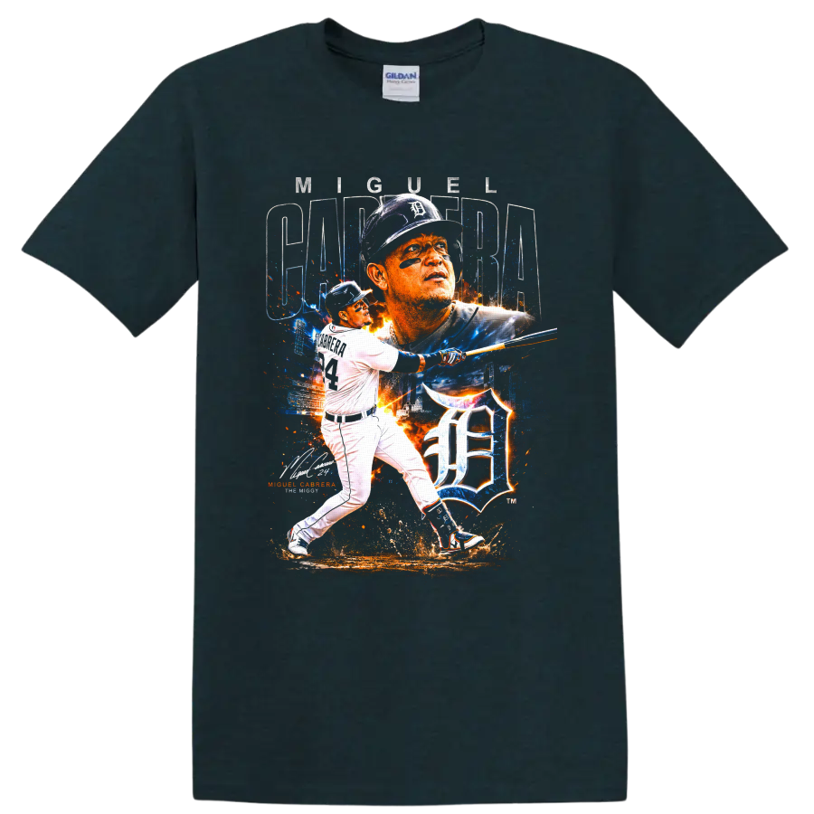 Miguel Cabrera Detroit Tigers batting portrait with Old English D splatter graphic on a Midnight (Green) T Shirt