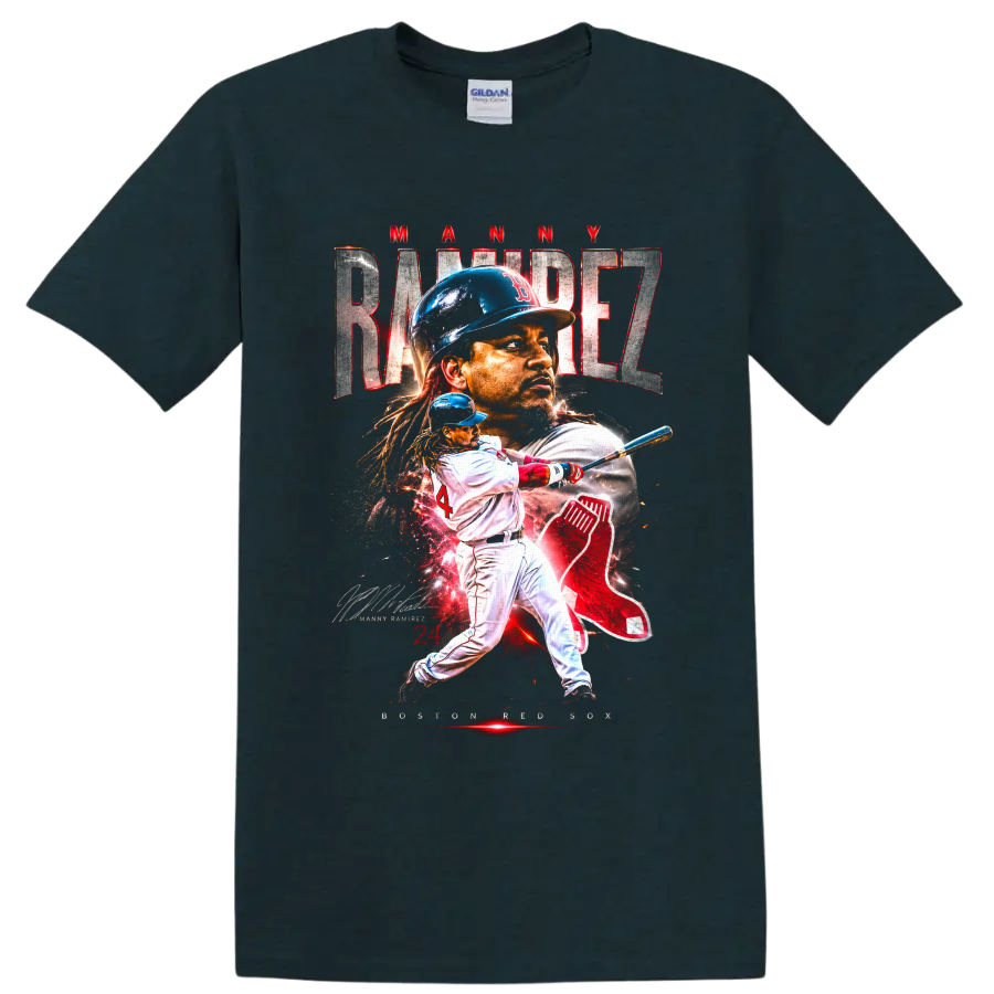 Manny Ramirez Boston Red Sox portrait and batting graphic with number 24 on a Midnight (Green) T Shirt