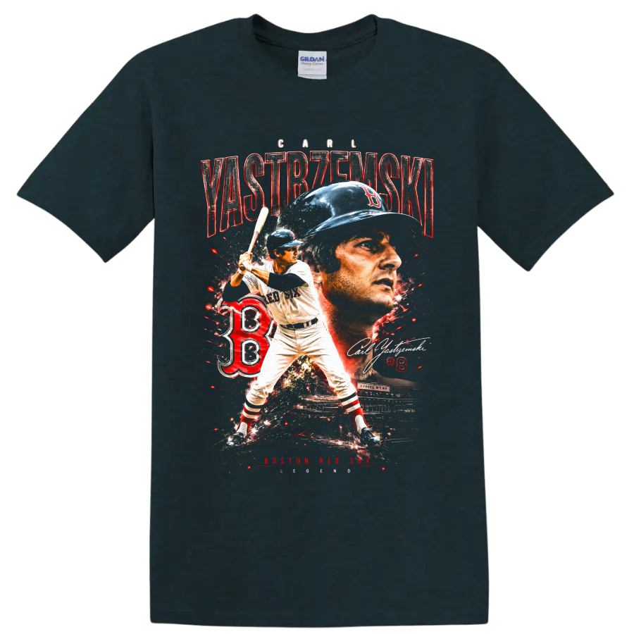 Carl Yastrzemski Boston Red Sox portrait and batting action vintage collage on a Midnight (Green) T Shirt
