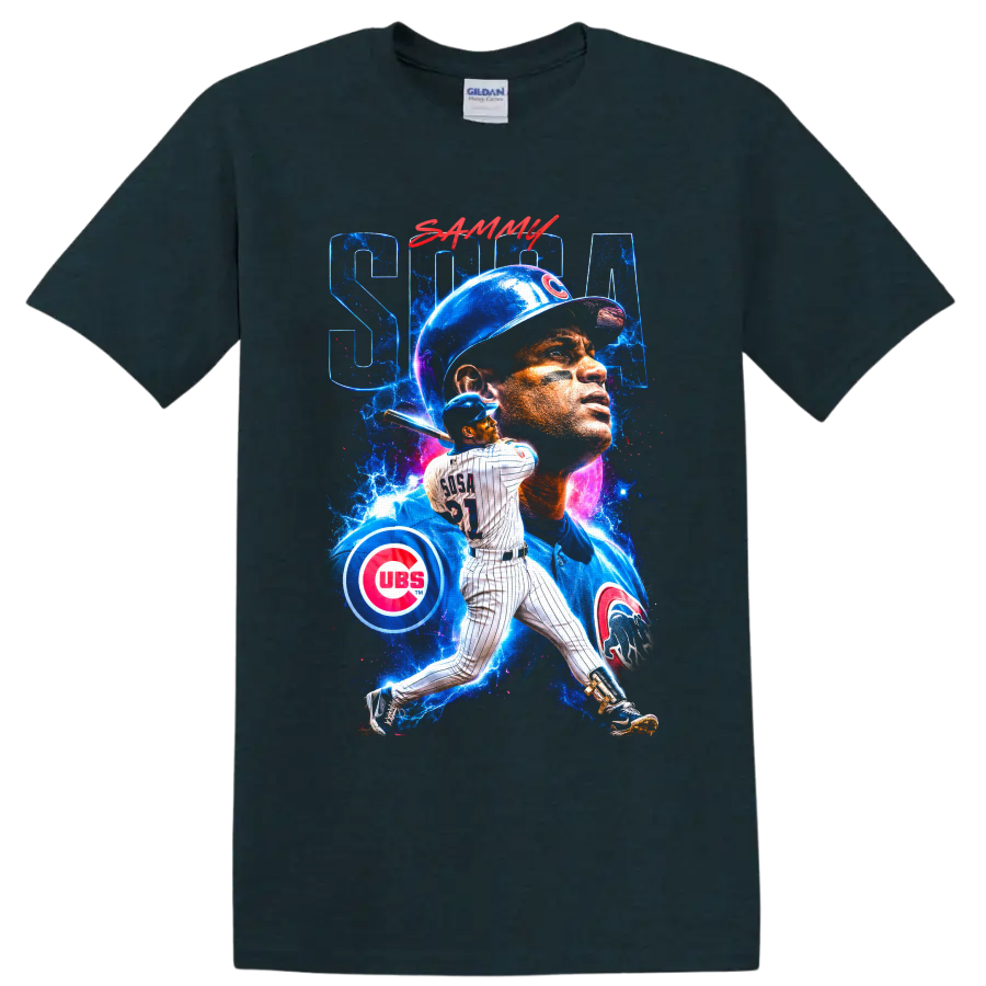 Sammy Sosa Chicago Cubs batting portrait collage with electric blue cosmic splashes on a Midnight (Green) T Shirt