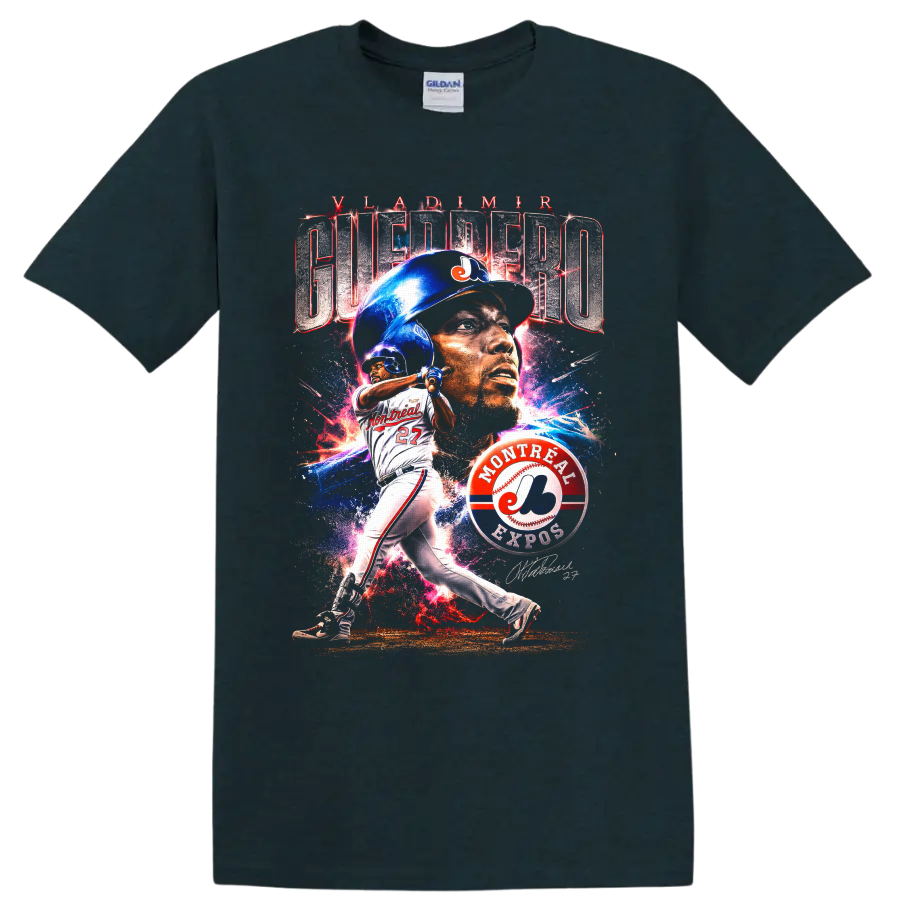 Vladimir Guerrero Montreal Expos portrait and batting graphic with number 27 on a Midnight (Green) T Shirt