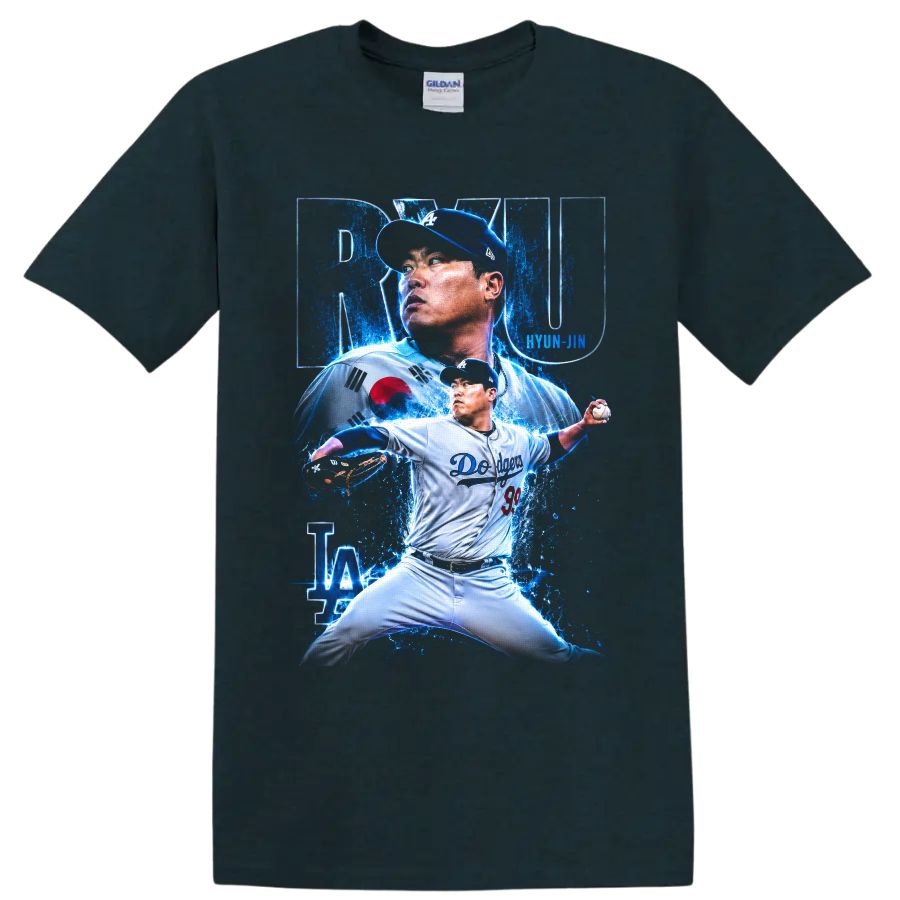 Hyun Jin Ryu Dodgers pitcher collage with Korean flag and electric blue splashes on a Midnight (Green) T Shirt