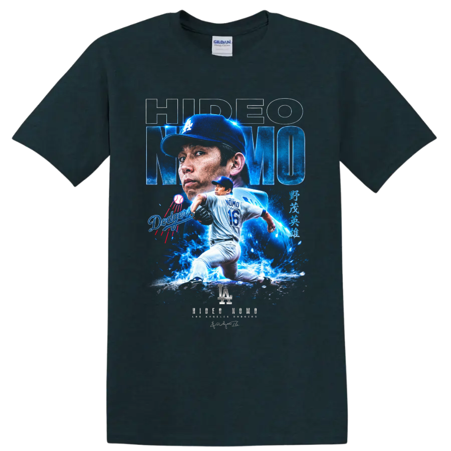 Hideo Nomo Dodgers pitcher portrait and number 16 action graphic on a Midnight (Green) T Shirt