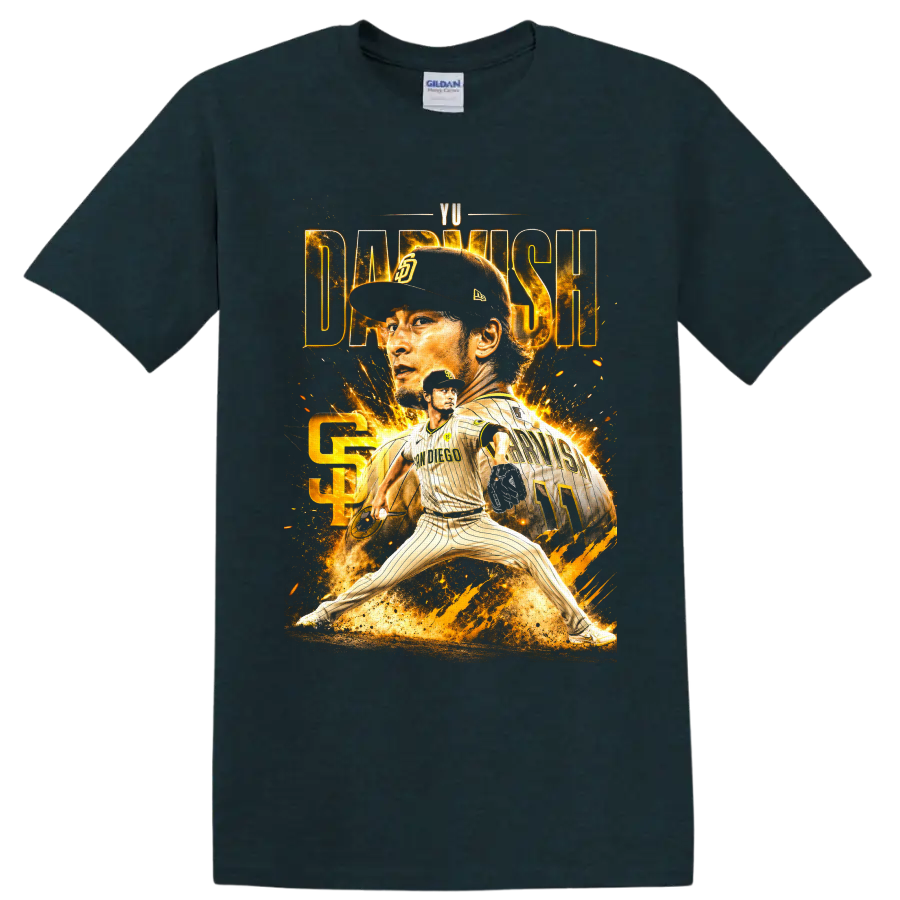 Yu Darvish Padres pitcher collage with gold sparks, action pose, and number 11 jersey on a Midnight (Green) T Shirt