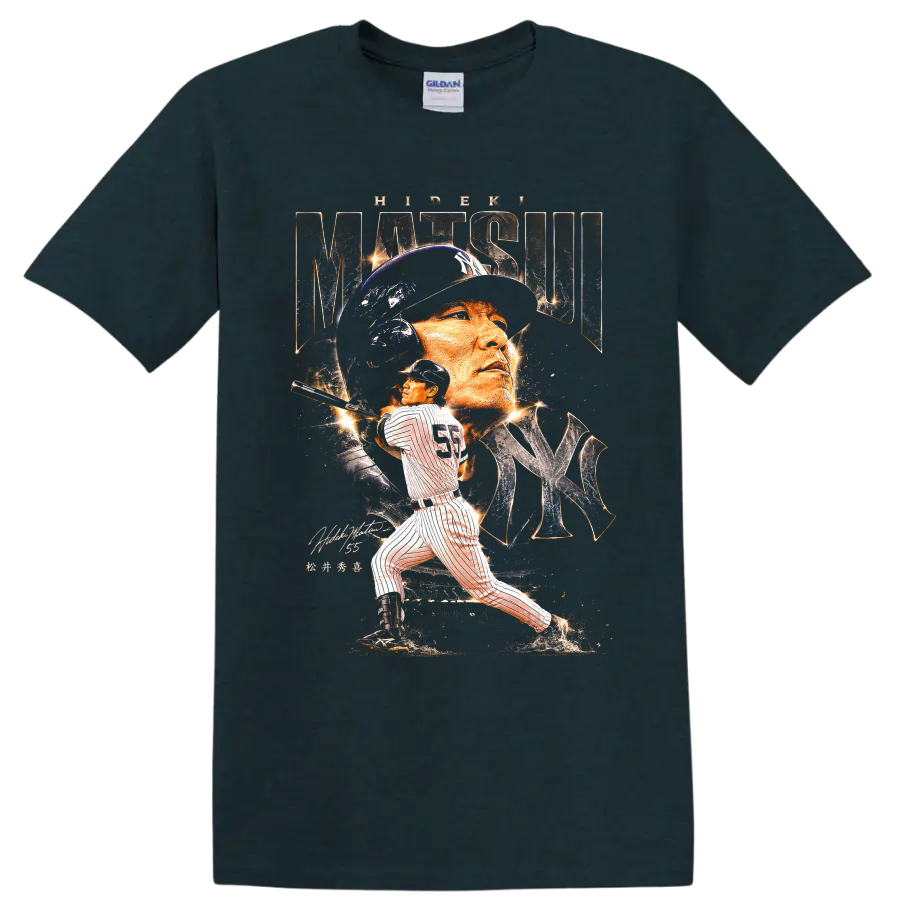 Hideki Matsui Yankees portrait and batting action in distressed baseball poster art on a Midnight (Green) T Shirt