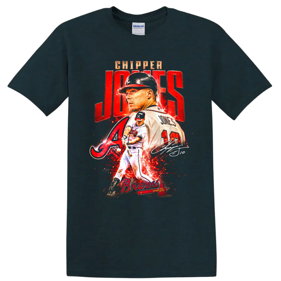 Chipper Jones Atlanta Braves portrait and batting action graphic with number 10 on a Midnight (Green) T Shirt