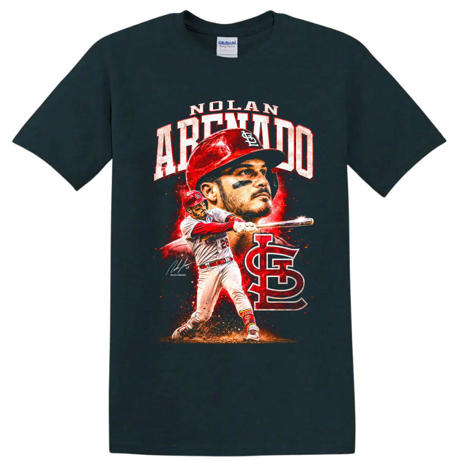 Nolan Arenado Cardinals batting portrait and action graphic with distressed red lettering on a Midnight (Green) T Shirt
