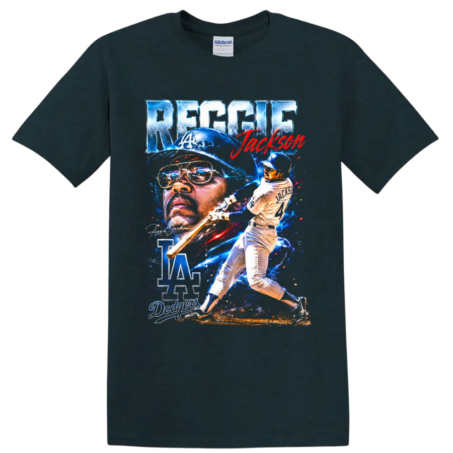 Reggie Jackson Dodgers portrait and batting collage with LA logo and number 14 on a Midnight (Green) T Shirt