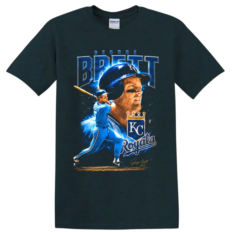 George Brett Kansas City Royals portrait and batting graphic with KC crown on a Midnight (Green) T Shirt
