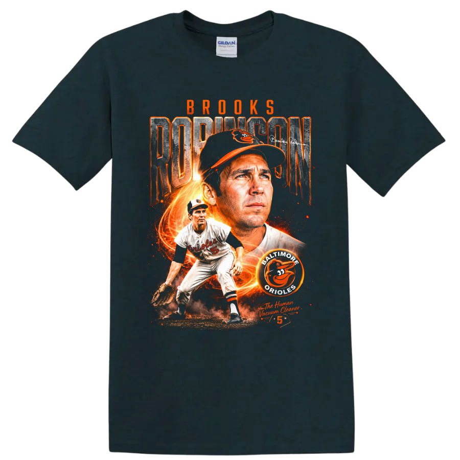Brooks Robinson Baltimore Orioles vintage baseball collage with number 5 and fiery orange on a Midnight (Green) T Shirt