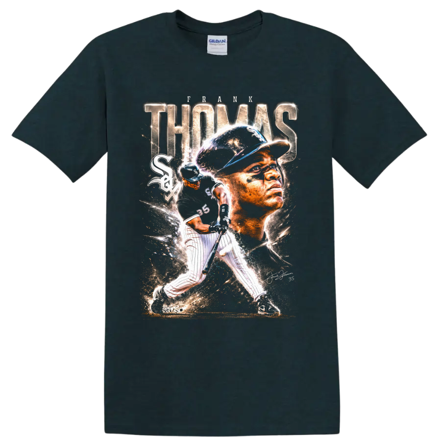 Frank Thomas Chicago White Sox portrait and batting action baseball collage graphic on a Midnight (Green) T Shirt
