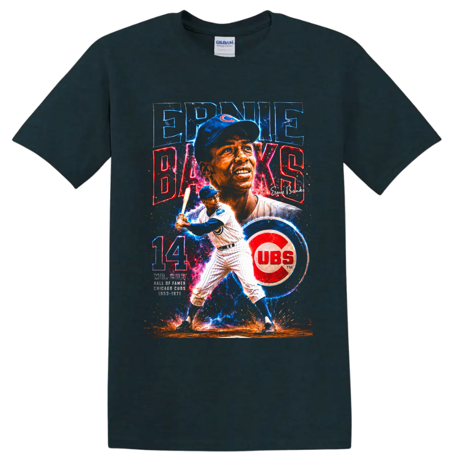 Ernie Banks Chicago Cubs Mr. Cub portrait and batting graphic with number 14 on a Midnight (Green) T Shirt
