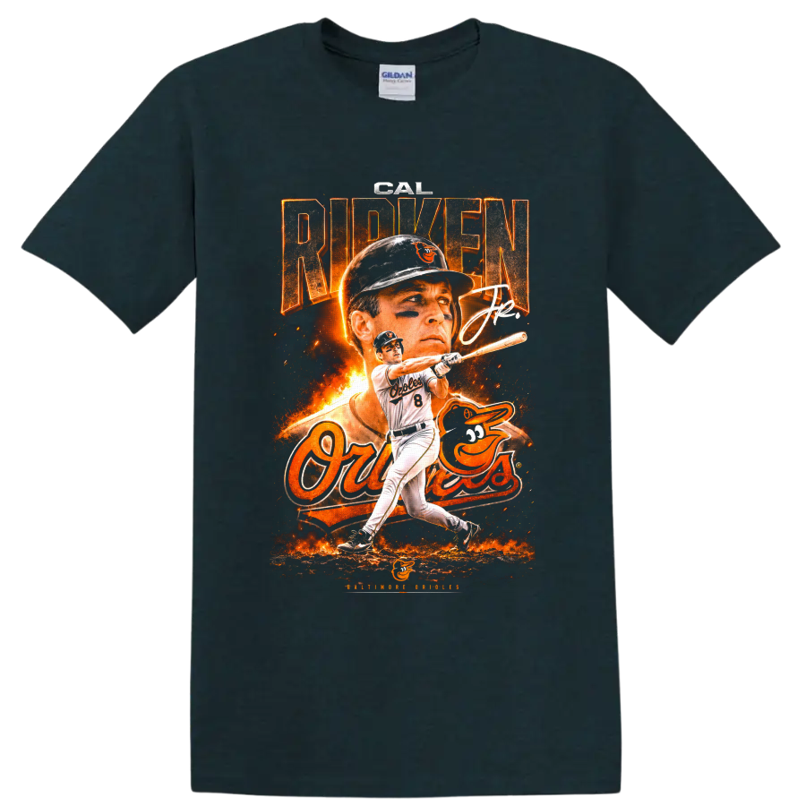 Cal Ripken Jr. Baltimore Orioles fiery vintage-style batting and portrait graphic on a Midnight (Green) T Shirt