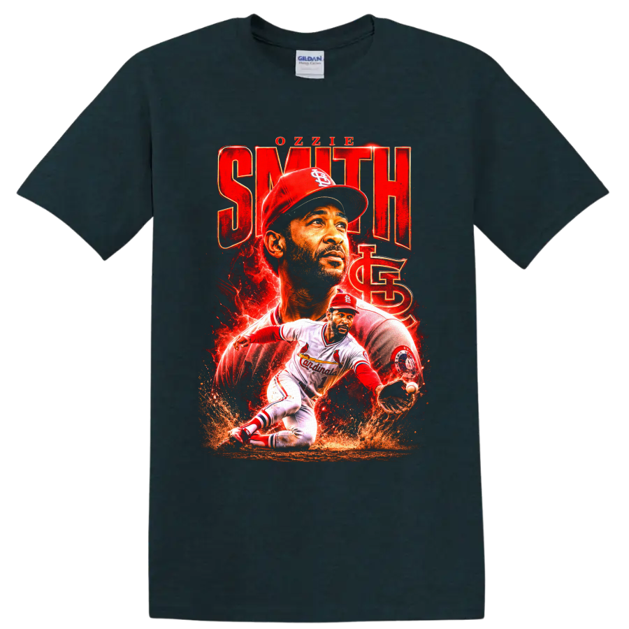 Ozzie Smith St. Louis Cardinals portrait and fielding baseball tribute graphic on a Midnight (Green) T Shirt