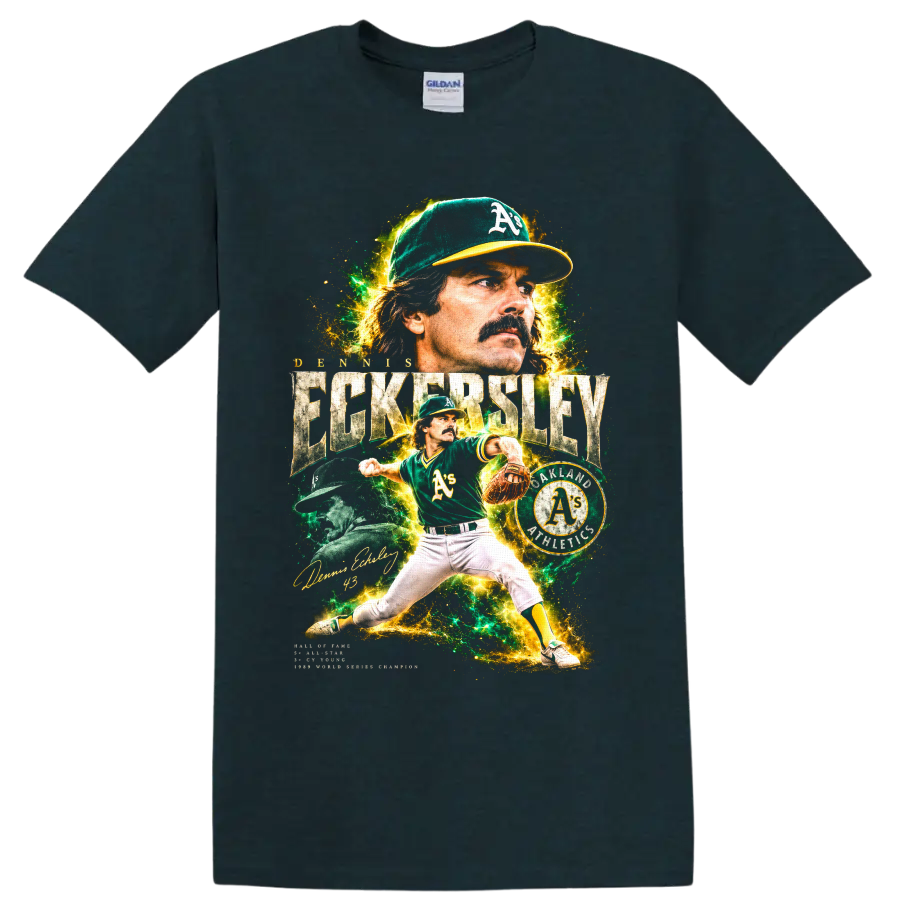 Dennis Eckersley Oakland Athletics pitcher collage with vintage baseball lettering on a Midnight (Green) T Shirt